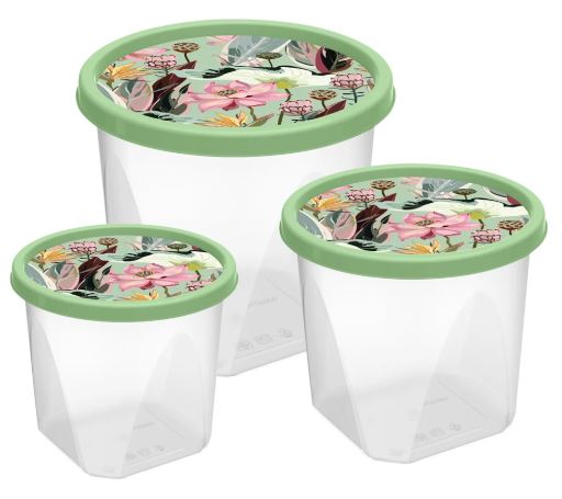 Комплект контейнеров для продуктов круглых 3шт (0,6л+1л+1,75л) с декором (зелёный)